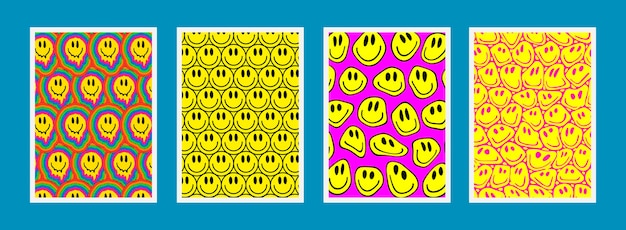 Set Of Cool Trendy Acid Rave Posters Collection Of Trippy Smile Patterns Pop Art Graphics