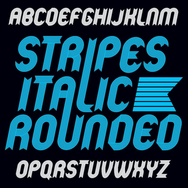 Set of cool vector upper case English alphabet letters isolated. Funky bold italic font, typescript for use in logo design. Made with stripy decoration.