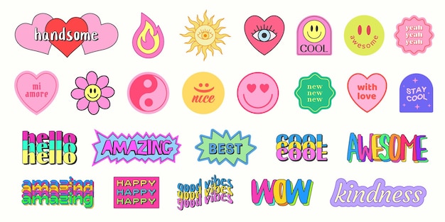 Set of Cool Y2K Smile Stickers Vector Design Trendy Pop Art Patches