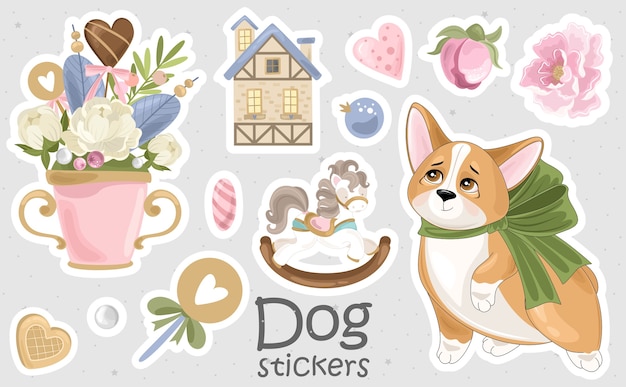 Set of Corgi stickers and icons