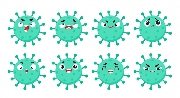 Set coronavirus stripfiguur geïsoleerd op wit, covid neon groene personen met emotie