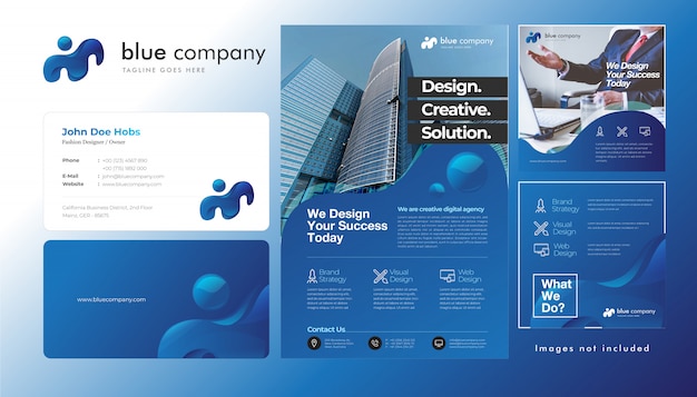 벡터 광택 파란색에 회사 로고, 명함, 전단지 및 사각형 크기 instagram 게시물 템플릿 설정