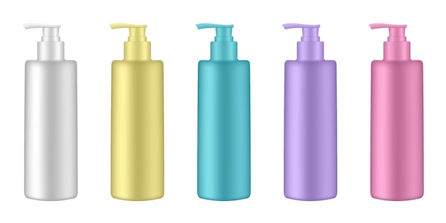 Set cosmetische flessen met pomp Dispenser Wit geel paars blauw en roze Vloeibare zeep of shampoo