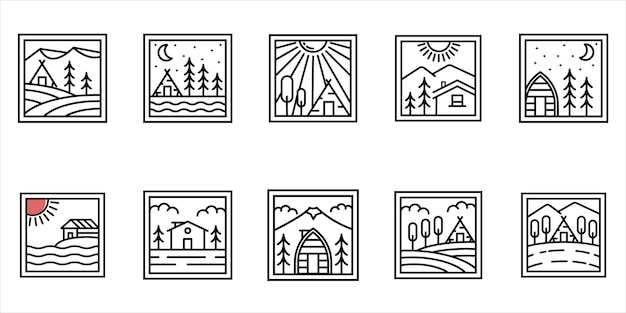 오두막 오두막 로고 미니멀 라인 아트 배지 로고 템플릿 벡터 일러스트 디자인 세트
