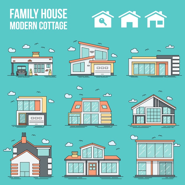 Vector set cottages in linear style