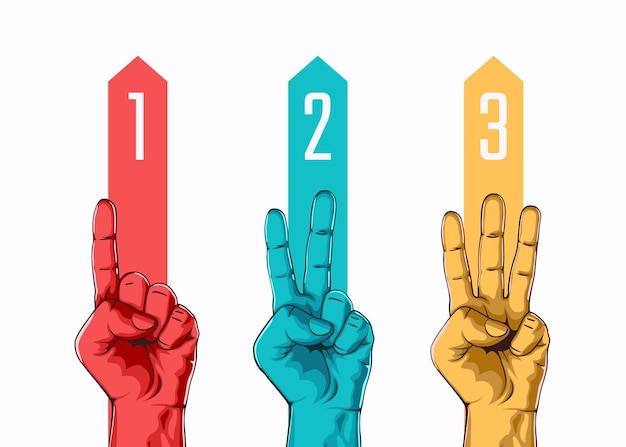 Vector set of counting one two three hand sign. three steps or options concept. vector illustration