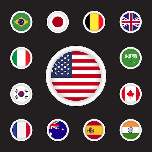 丸いバッジと国の旗のセットベクトル図