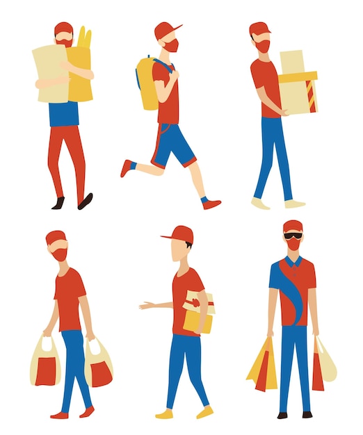 Vector set of courier in respiratory mask with parcels packages boxes concept of online delivery service men in red cap and redblue uniform men cartoon characters postal workers in different poses vector