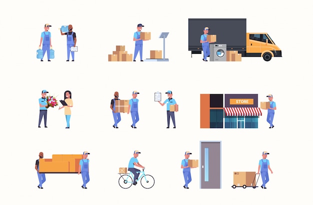 Set couriers in different working situations express delivery service s collection