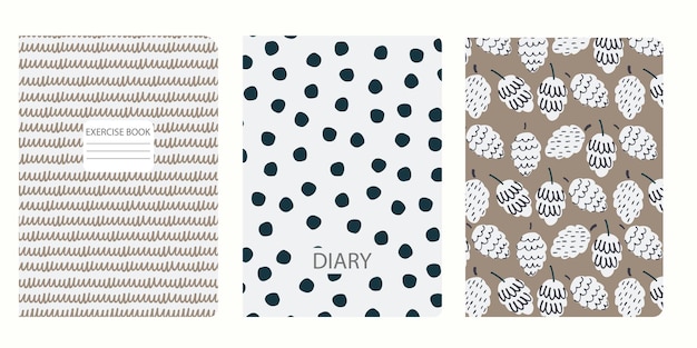 Set of cover page templates based on patterns with fir cones polka dot scribble Beigecolored pastel backgrounds for notebooks notepads diaries Headers isolated replaceable