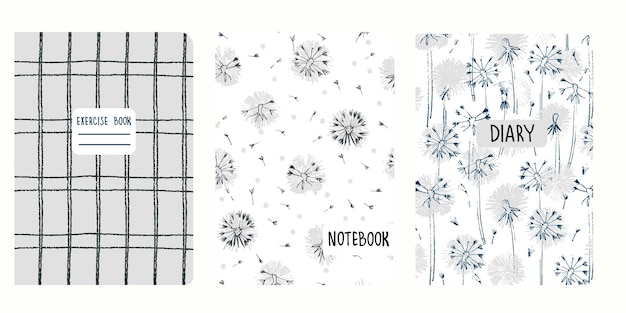 Set of cover page templates with dandelions and and hand drawn grid patterns Based on seamless patterns Headers isolated and replaceable Perfect for school notebooks notepads diaries etc