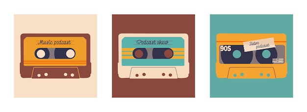 Vector set of covers for podcast show retro style and colors audio cassette with place for text