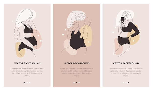 Set of covers for social media modern linear pregnant woman elegant lady in black lingerie pregnancy and motherhood concept hand drawn vector illustration