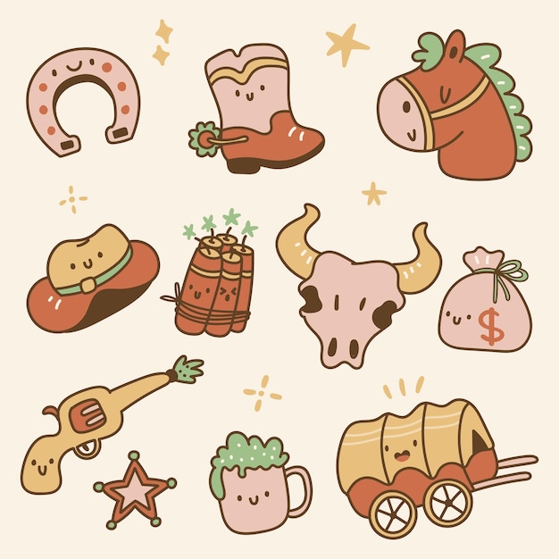 Vector set of cow boy element in kawaii style