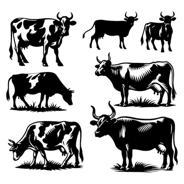 Vector set of cow silhouettes isolated on a white background vector illustration