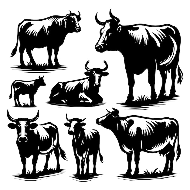 Set di silhouette di mucche isolate su uno sfondo bianco illustrazione vettoriale