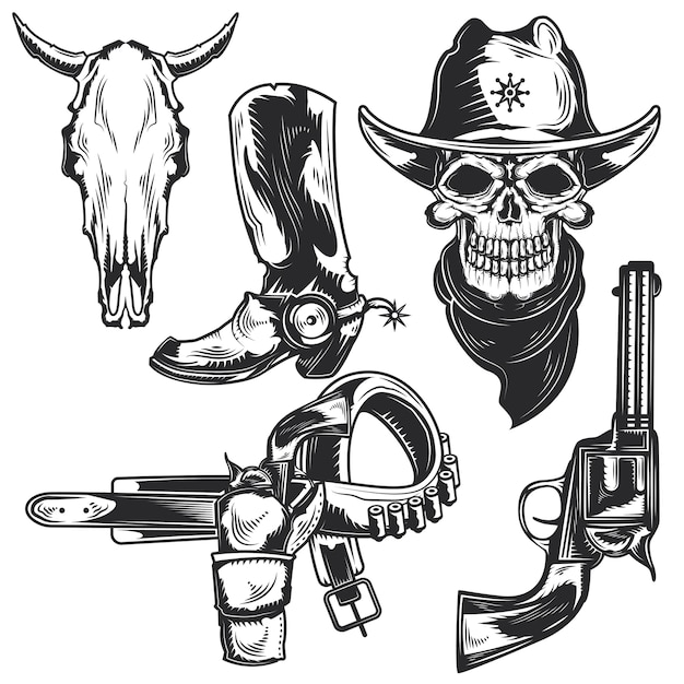 Set di elementi da cowboy per creare badge, loghi, etichette, poster, ecc.