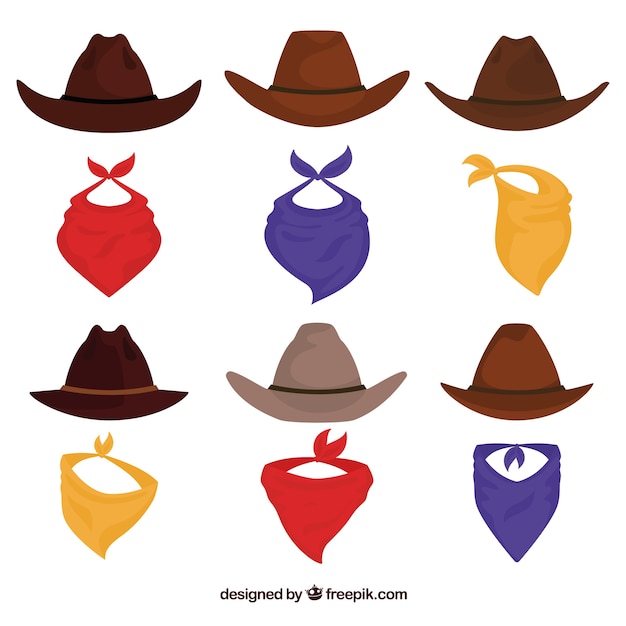 Vector set of cowboy hats and scarf