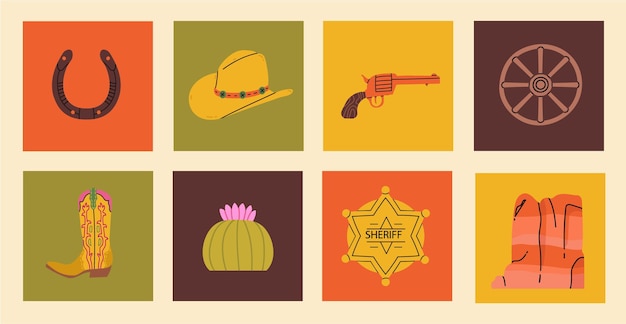 Set of cowboy icons in flat design style. Wild west vector illustration.