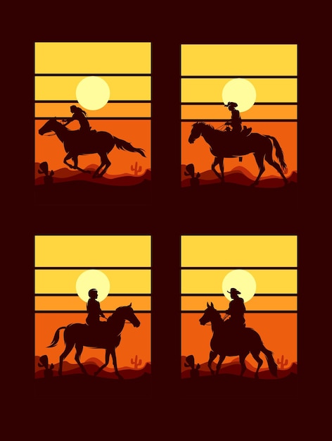 Vettore insieme della siluetta del cavallo di guida del cowboy al logo di tramonto