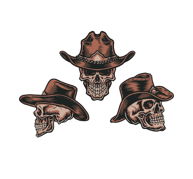 Set cowboy skull, hand getrokken lijnstijl met digitale kleur, illustratie