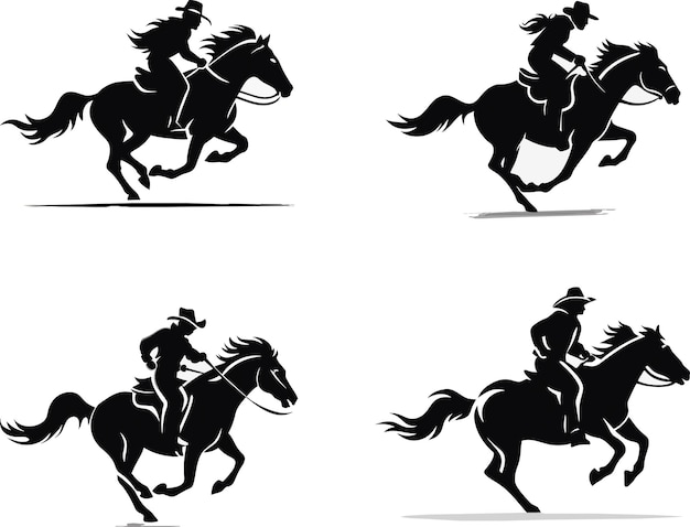Set of cowboys ride horse silhouette logo