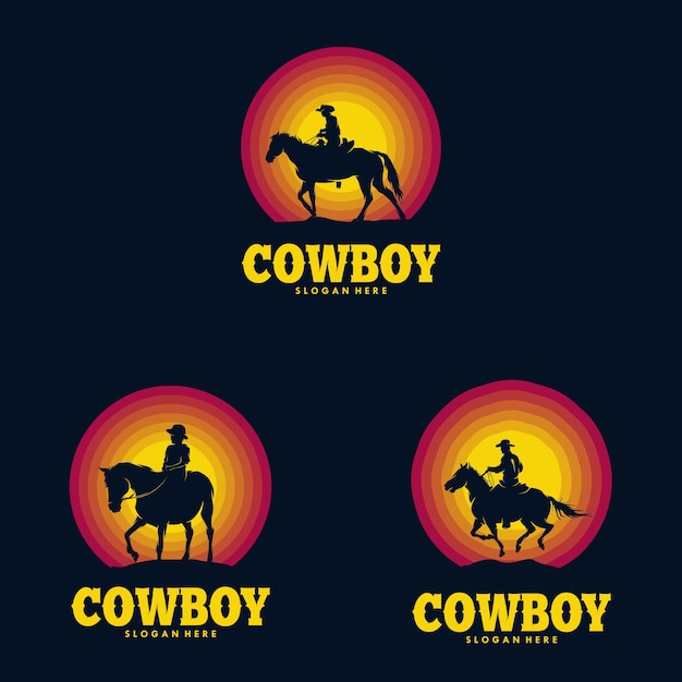 Set of cowboys riding horse silhouette at sunset