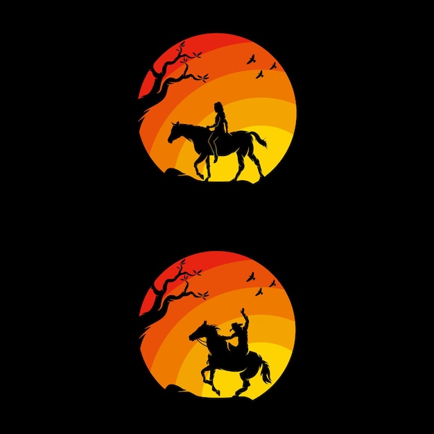 Set of cowboys riding horse silhouette at sunset