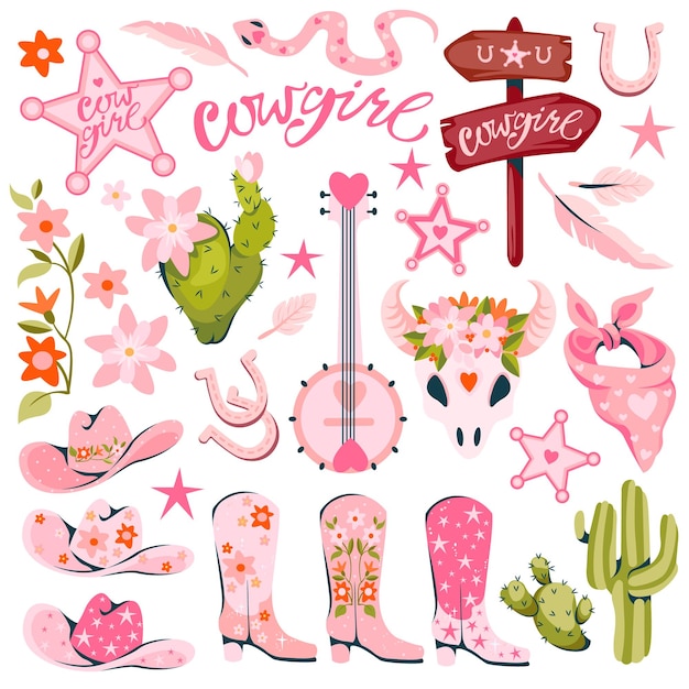 Vector set of cowgirl pink design elements