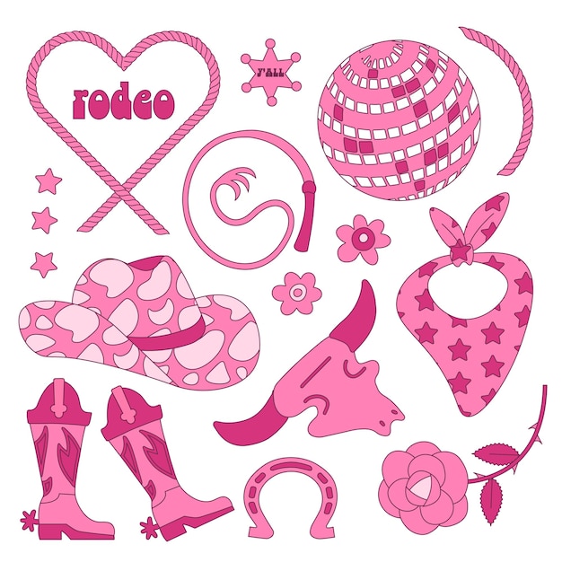 Set di cose da cowgirl nel selvaggio ovest accessori e attributi da cowboy rosa famale stivali da discoteca cappello rosa brillante stile di contorno piatto alla moda barbiecore e lettere illustrazione vettoriale