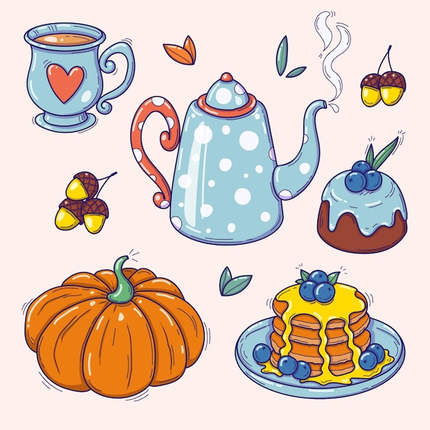 Vector set of cozy autumn elements clipart vector doodle illustration isolated on light background
