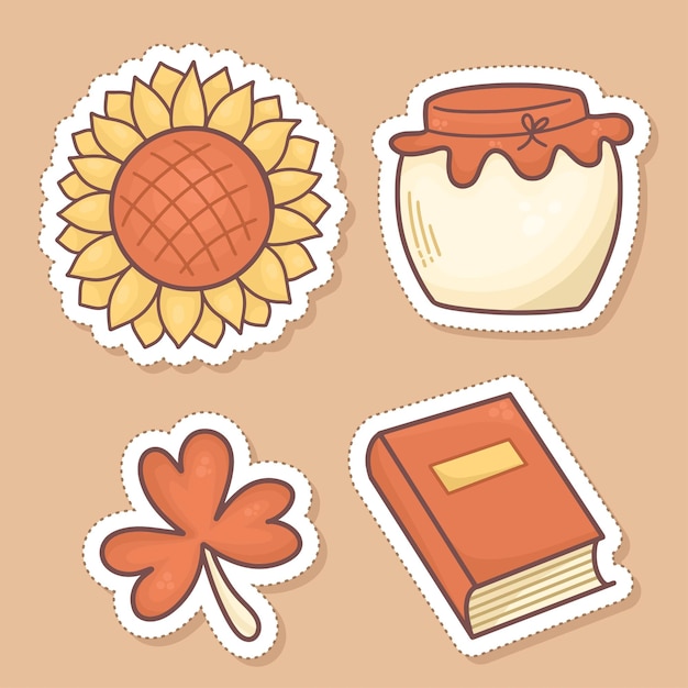 Vector set of cozy autumn stickers sunflower honey leaves book