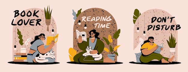 A set of cozy illustrations A girl is reading a book A woman is resting at home in a beautiful int