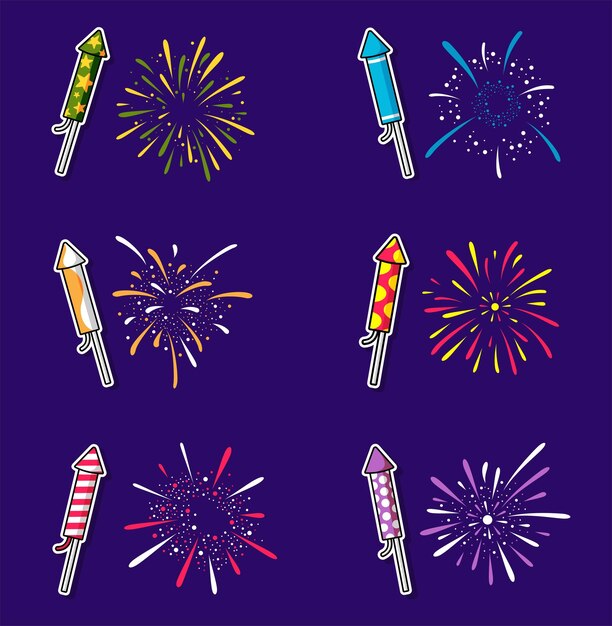 Vector set of cracker and colorful fireworks explosions carnival party firework vector illustration firew