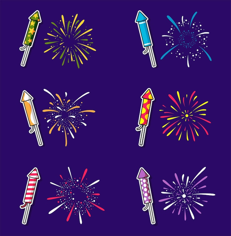 Vector set of cracker and colorful fireworks explosions carnival party firework vector illustration firew