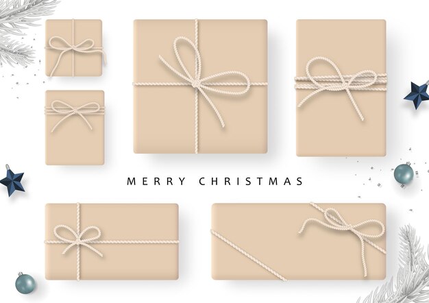 Set of craft gift box tied with rope Christmas composition Top view
