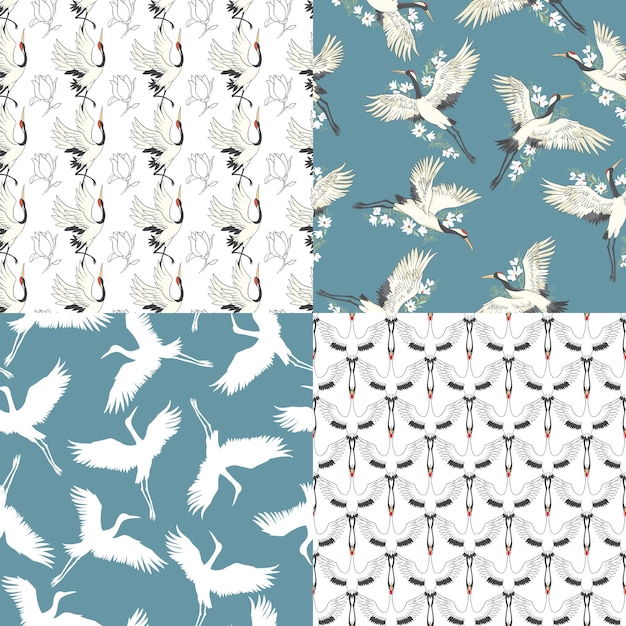 A set crane patterns. Seamless patterns. Vector, illustration