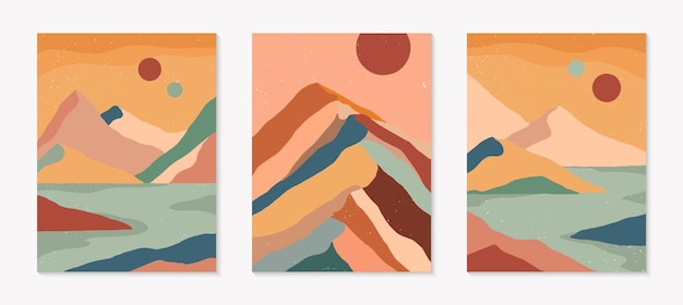 Set of creative abstract mountain landscape and mountain range backgrounds.Mid century modern vector illustrations with hand drawn mountains,sea or desert,sky,sun,moon.Trendy contemporary design.