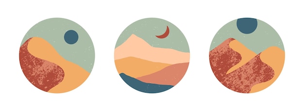 Набор креативных абстрактных горных пейзажей круглых иконок. Современные векторные иллюстрации середины века с горами или пустыней.