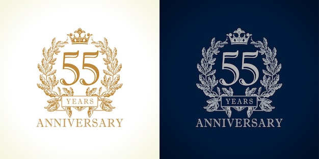 Vettore set di numeri di anniversario creativi. design in oro e argento del 55° compleanno. palme rotonde e 55.