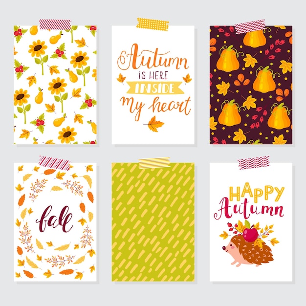 Set creative autumn cards. Hand Drawn textures and brush lettering. Design for poster, card, invitation, brochure, flyer. Vector templates.