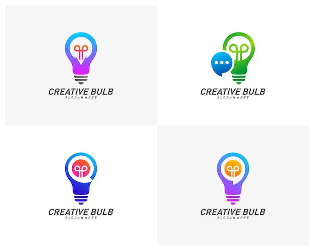 Set di vettore di progettazione del logo della chat di creative bulb consulta il simbolo dell'icona del modello di logo della lampadina