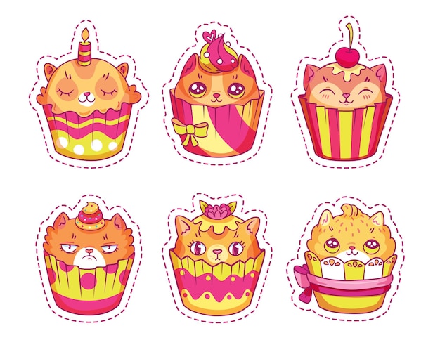 Vettore set di cupcakes creativi a forma di gatto per adesivi patch pin collezione vettoriale di illustrazioni di cartoni animati