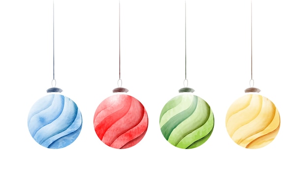 Set of creative christmas balls with bright watercolor hand-painted isolated on white
