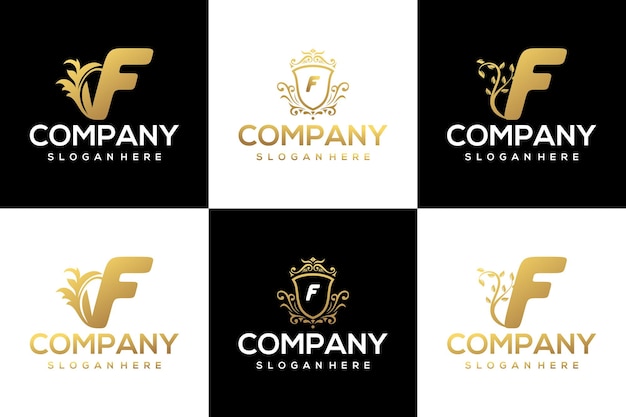 set of creative golden luxury letter F logo design template 