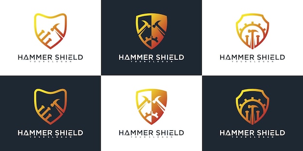 Set of creative hammer shield logo design template Premium Vector