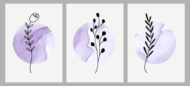 Set of creative hand painted abstract shapes in one line. place for text. minimalistic images of icons: flowers, leaves, watercolor. for postcard, placard, placard, brochure, cover design, web.