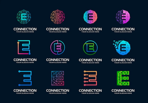 創造的な頭文字E現代デジタルテクノロジーロゴデザインのセットです。