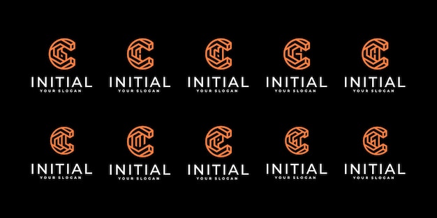 Set di modello di progettazione del logo lettera c creativo. con stile art line
