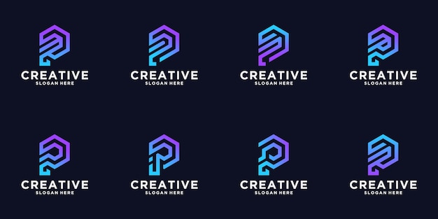 Set di design del logo lettera p creativa, concetto di esagono, logo tech